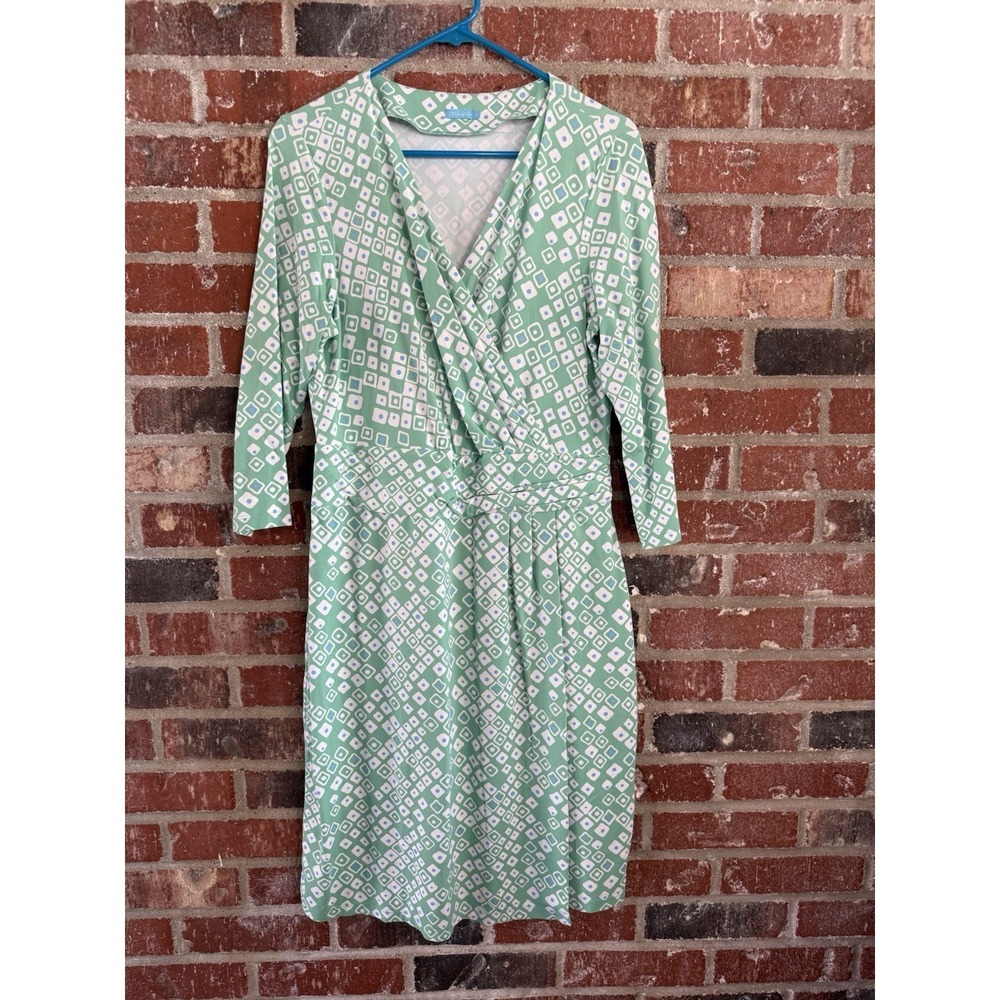 J. McLaughlin Faux Wrap Dress Womens Large Geometric Catalina Cloth 3/4 Sleeve